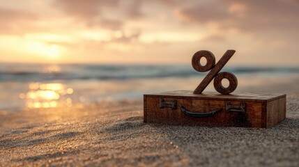 Wooden percentage symbol on a rustic box on a sandy beach at sunset, symbolizing financial travel, savings, or investment opportunities