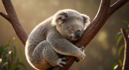 Fototapeta premium A fluffy gray marsupial sleeping soundly on a tree branch, bathed in golden sunlight