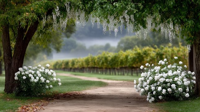   A field of white flowers adjacent to a dirt road and trees adorned with white blossoms