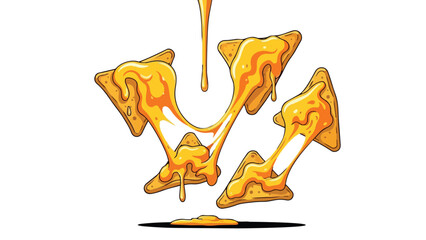 Gooey golden cheese sauce stretches enticingly between crispy triangular snack pieces in a delightful culinary illustration