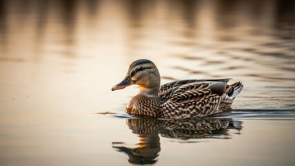A single duck floats on calm water, reflected in the surface, in warm light