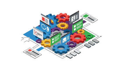 Isometric Illustration of Digital Workflow Data Processing and System Integration with Gears