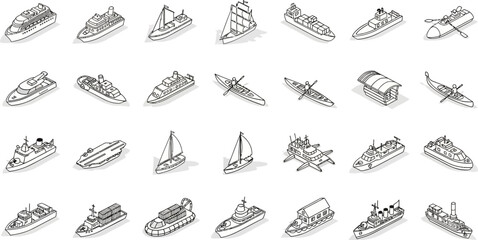  Ship and boat icons set in isometric 3d style. Sailing elements set collection vector illustration  © Pixel_Forge