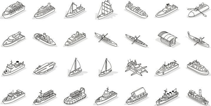 Marine Nautical Icon Set Line &ndash; Sea Ocean Beach Boat Fish Shell Anchor and More Web App Vector
