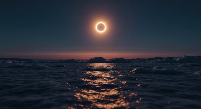 A solar eclipse casts a ring of fire over a calm ocean under a starry twilight sky
