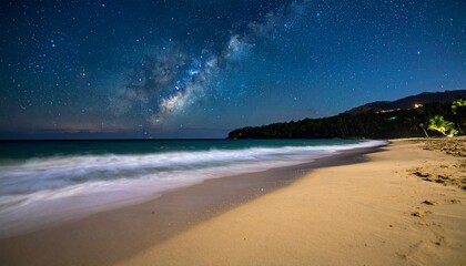 Night Beach Scene with Milky Way Galaxy, Turquoise Waves, and Silhouetted Trees Creating Cosmic Serenity