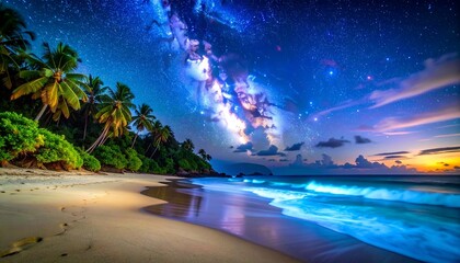 Night Beach Scene with Milky Way Galaxy, Turquoise Waves, and Silhouetted Trees Creating Cosmic Serenity