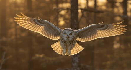 Fototapeta premium A majestic owl with spread wings soars towards the viewer, backlit by warm sunset