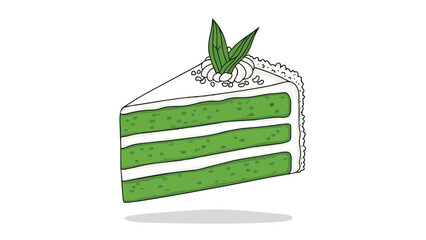 Vibrant green layered cake slice, creamy white frosting, fresh leaves. A delightful dessert illustration for culinary appeal and sweet indulgence.
