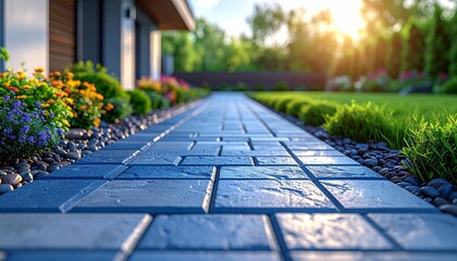 Modern Residential Exterior with Paved Walkway, Manicured Landscaping, and Contemporary House in Warm Sunlight