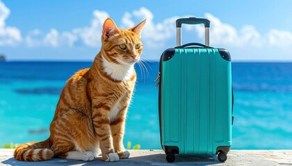 Ginger Tabby Cat with Turquoise Suitcase by Seaside Under Clear Sky Symbolizing Travel and Companionship