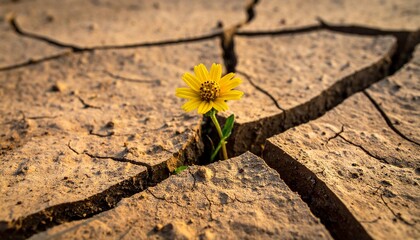 Yellow Flower Growing from Cracked Dry Earth Symbolizing Resilience, Hope, and Life in Harsh Conditions