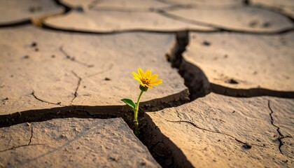 Yellow Flower Growing from Cracked Dry Earth Symbolizing Resilience, Hope, and Life in Harsh Conditions