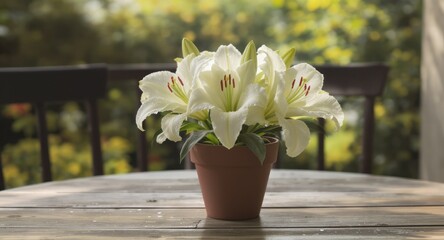 Fototapeta premium A potted bouquet of white lilies sits on a weathered wooden table, with a blurred green background