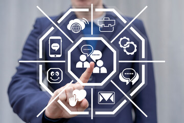 Person using virtual touch screen presses icon of dialogue between two businessmen. Concept of Message Chat Communication. Business conversation. Mobile Social Media Connection Service.