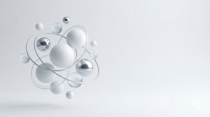 3D rendering of floating spheres and rings representing machine learning and global network connection.