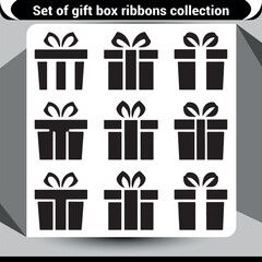 Collection of minimalist black silhouette gift box icons with various ribbon bows