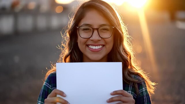 A girl holds a blank piece of paper as she stands against a glowing sunset in the background. The girl and sunset create a serene scene filled with soft light and warmth.