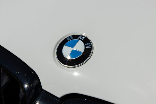 April 13, 2021, Seoul, South Korea - Close-up of a BMW logo on a white BMW M5 Competition car hood