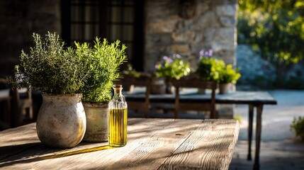   An olive oil bottle atop a wooden table beside a vase containing greenery