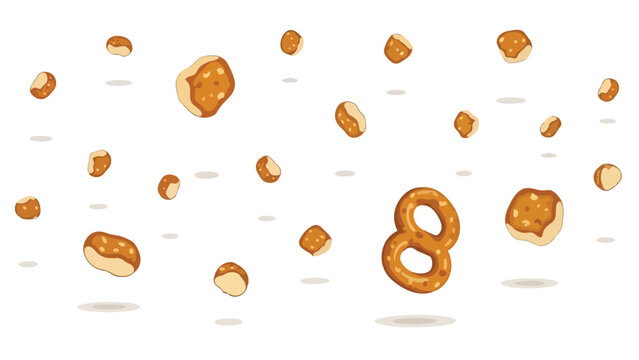 A delightful composition featuring a crisp golden-brown pretzel formed into the number eight, surrounded by an array of delectable floating crunchy