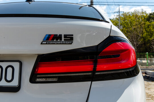 April 13, 2021, Seoul, South Korea - Rear view of a white BMW M5 Competition car