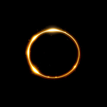 Minimal golden ring light overlay with thin glowing loop, bright flare knots and clean black backdrop, ideal subtle magic circle, logo frame or elegant highlight for posters and web graphics

