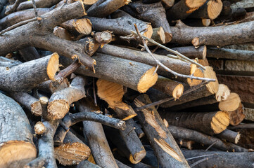 Stack of cut firewood prepared for fireplace use
