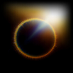 Obraz premium Radiant crowned eclipse ring lens flare overlay with spiky chromatic corona, sweeping diagonal light beam and blazing starburst, perfect mystical cosmic background for photo designs