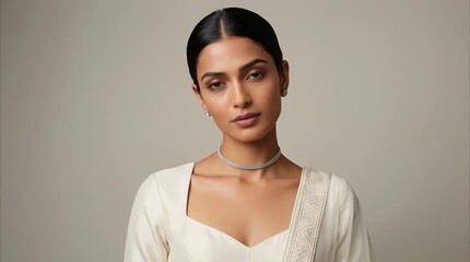Graceful Indian woman portrait in elegant ivory saree for fashion beauty cultural branding and premium wedding lifestyle advertising