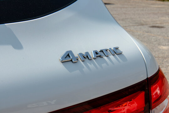 April 6, 2021, Seoul, South Korea - Close-up of a white Mercedes-Benz GLC 220d with "4MATIC" emblem