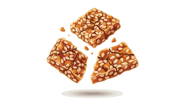 Golden-brown sesame brittle fragments suspended mid-air a delightful crunchy snack illustration capturing the sweet texture and scattered seeds