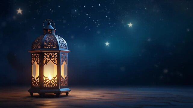 Traditional Ramadan lantern glowing softly in dark blue night atmosphere, serene and spiritual mood.