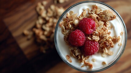  A glass of yogurt with raspberries and granola on a wooden table, adjacent to a bowl of granola