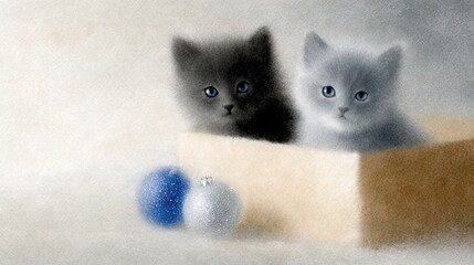   Two kittens in a box with Christmas and blue ornaments