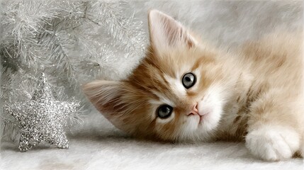  A kitten lies beside two ornaments - one silver and one white - against a white backdrop