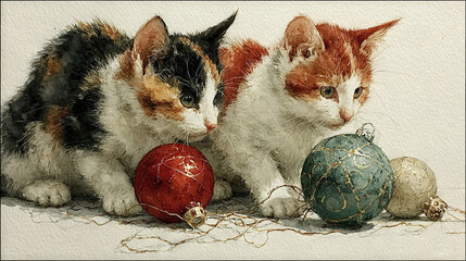   A pair of cats lounging beside a Christmas ornament and another one