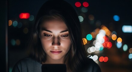 A young woman is illuminated by the glow of a smartphone at night, with blurred city lights in the background