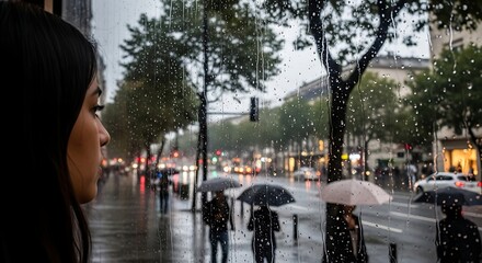A young woman looks out a window at a rainy city street. Raindrops blur the view. People walk with umbrellas