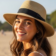 A young woman smiles radiantly at the viewer, wearing a straw hat with a black band. Soft light highlights her features