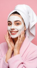 A young woman smiles, wearing a facial mask, a bathrobe, and a towel on her head, against a pink background