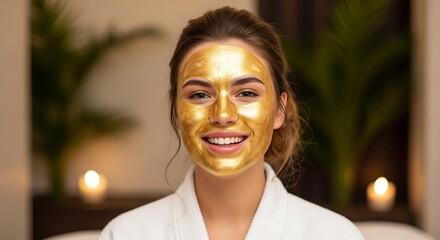 A young woman smiles, wearing a gold facial mask. She is in a robe, with soft lighting and plants in the background
