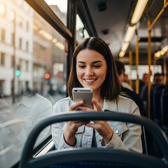 A young woman smiles while looking at her smartphone. She is seated on a public transportation vehicle with other passengers and outside city