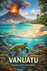 Typical postcard of Vanuatu, with active volcano and sea turtles