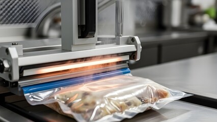 Close-Up of Vacuum Sealer Sealing Plastic Food Bag