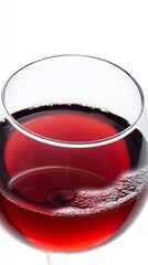 Vibrant red wine swirls within elegant glass, delicate bubbles gently rise, clean white background emphasizes rich color