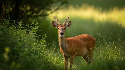 A roe deer in a sunlit meadow
