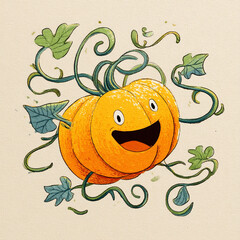 Happy pumpkin character surrounded by vines in an illustration celebrating autumn and harvest time