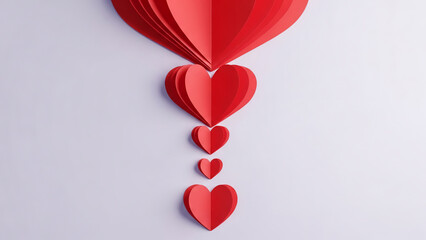 Red paper hearts floating downwards on white background