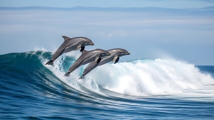 Three dolphins jumping on a wave in the ocean